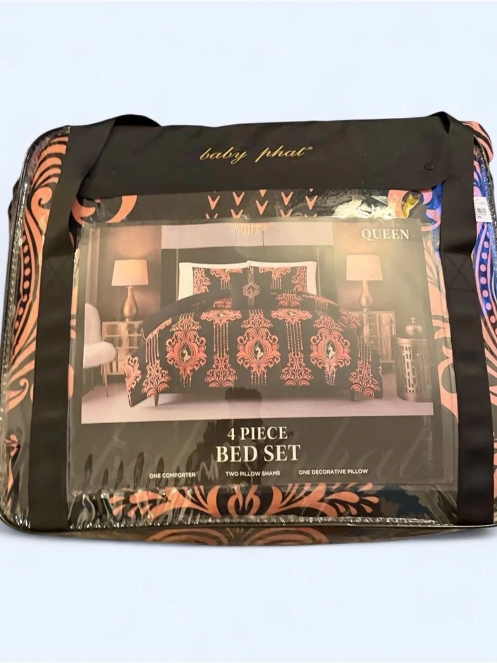 Baby Phat Black and Coral Damask Comforter Set - Queen